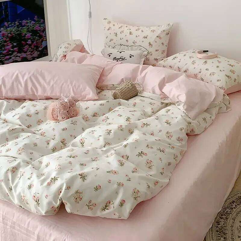 Pink Floral Bedding Set Soft Ins Single Double Queen Size Duvet Cover Flat Sheet Pillowcase Girls Home Totel Bed Linens H260311