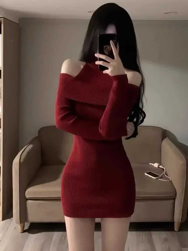 Womens Crochet Dresses Short One Shoulder Extreme Mini Red Female Knit Dress Trendy Chic and Elegant Pretty Party Y2k Beautiful M260311