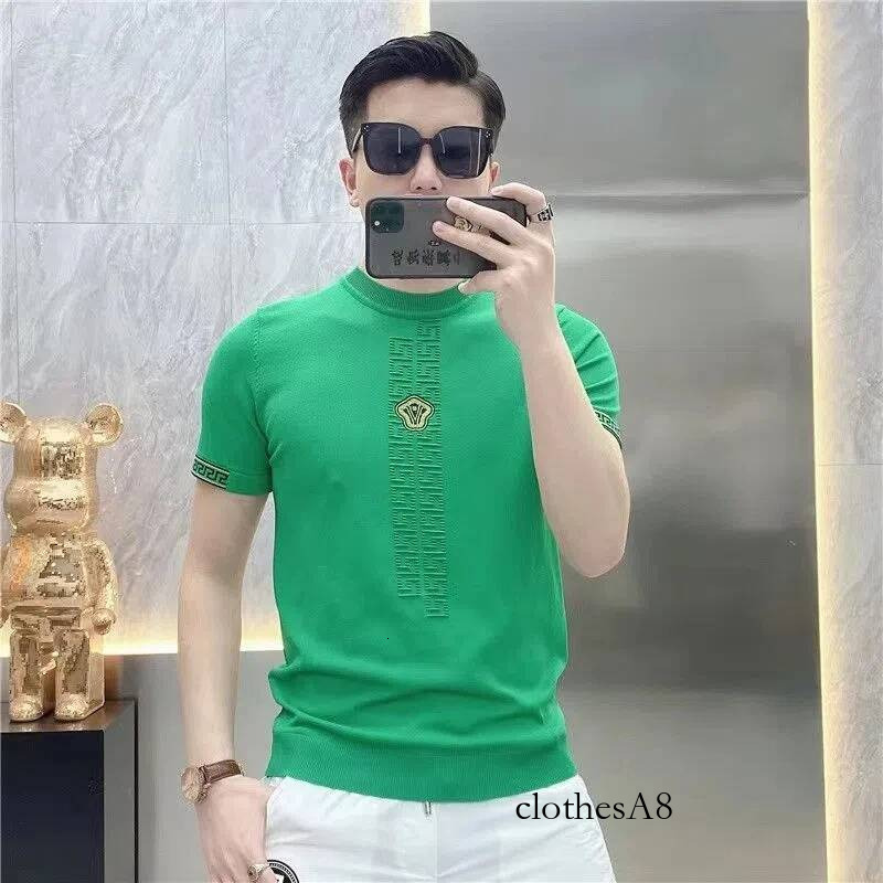 Summer New Men's Ice Silk Short Sleeve Casual Trendy Brand Thin Breathable Round Neck Embroidered Knitted T-shirt