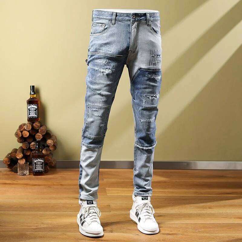2024 Spring/Summer New Blue Hole Trend Small Foot Pants Men's Casual Slim Comfortable Breathable High-Quality Stretch Jeans Z260225