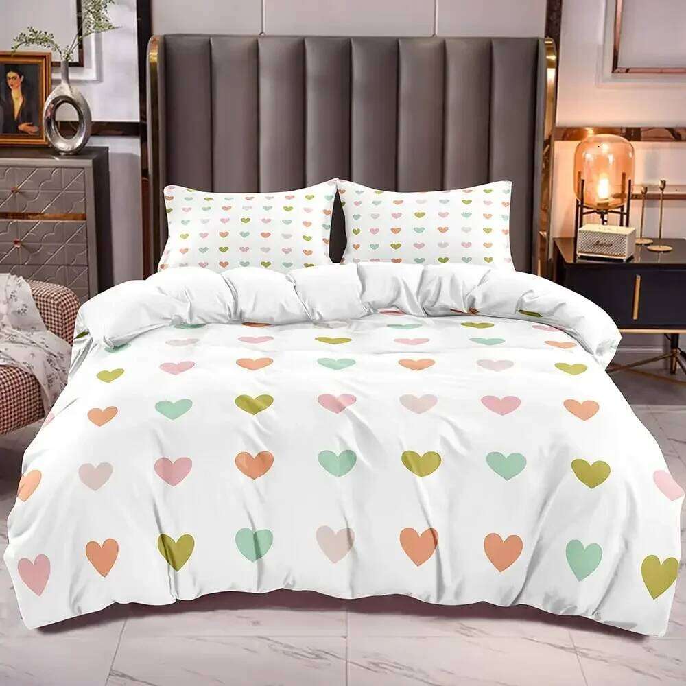 Love Heart Bedding Set Simple Plaid Duvet 200x200 Pillowcase Single Double Queen King Nordic Couple Bed Cover Bedclothes H260311