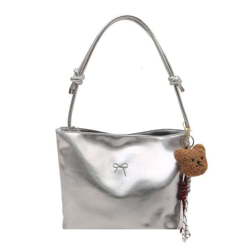 Casual Bow Pu Shoulder Bags for Women Large Capacity Commuter Ladies Messenger Bag Simple Girls Handbags Tote with Plush Pendant XJ260311