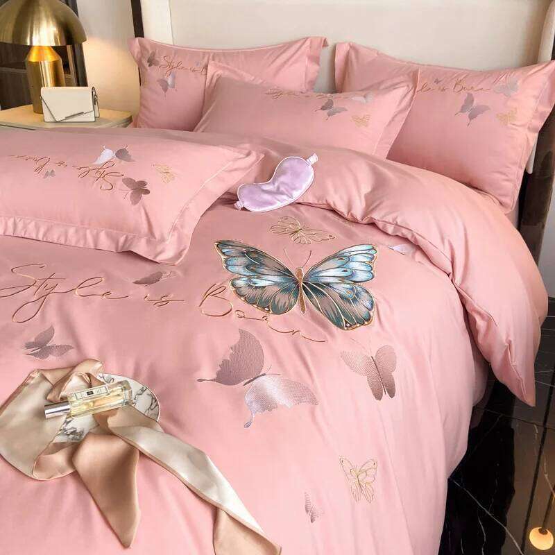 Light Brushed Butterfly Embroidery Four-Piece Sets Single Double Bedding Soft Duvet Cover Set Bed Sheet Pillowcases H260311