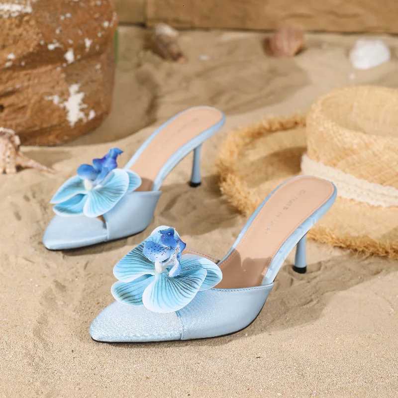 Flower Decoration High Heel Mules Women Fashion Pointed Open Toe Heeled Sandals Elegant Banquet Stiletto Shoes K260311
