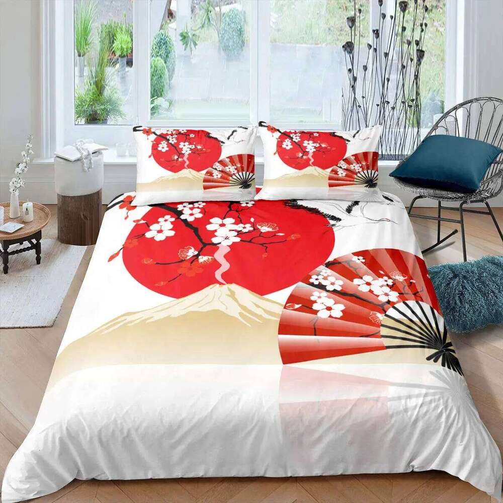 Japanese-Style Duvet Set for Girl Polyester Mount Fuji Comforter Cherry Blossoms Flower Ink Hand Painted Quilt Cover H260311