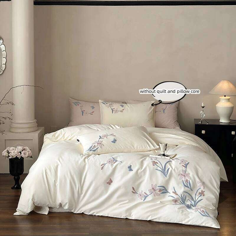 3pcs Elegant Embroidered Orchid Duvet 1*Duvet Cover + 2*Pillowcase, Without Core, Lace embroidery Bedding Set H260311