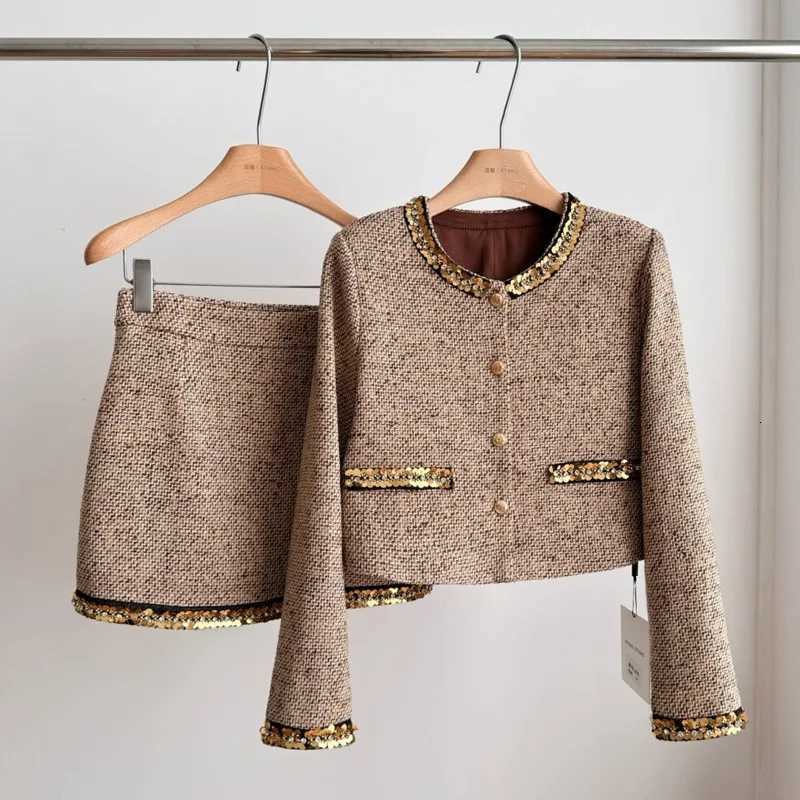 High Quality French Vintage Tweed 2 Piece Sets for Women Fashion Jacket Coat & Short Skirt SuitsT260311