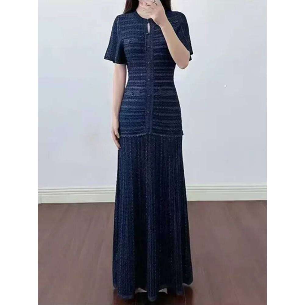 Long Waist-Cinching Sequin Dress Elegant French Style 2026 New Navy Blue Fit Dresses Women Party Round Neck Short-Sleeved Gown Mdng260311