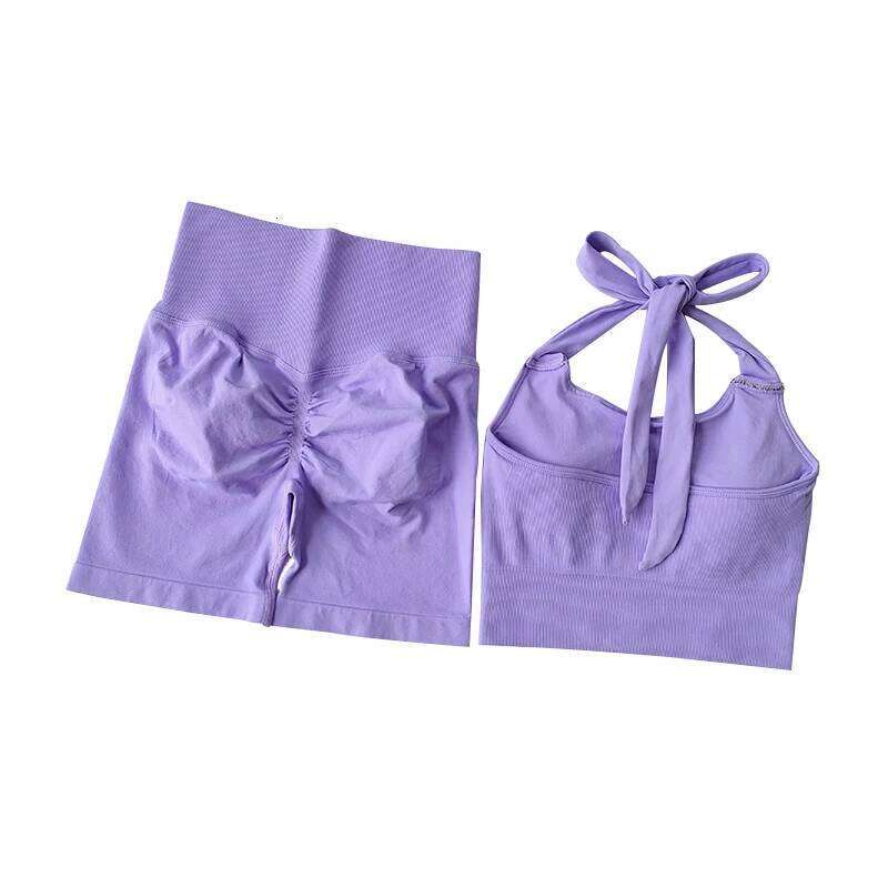 Peach Hip Lifting Neck Hanging Sports Shockproof Gathering Bra Quick Drying Short Set Gym Fitness Running Yoga Suit 26H0311