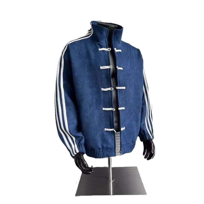 Blue White Patchwork Three-Stripe Stand-Up Collar For Men, Popular Spring And Autumn Fashion, New Chinese-Style Button-Down Tang Suit Jacket Asia Size