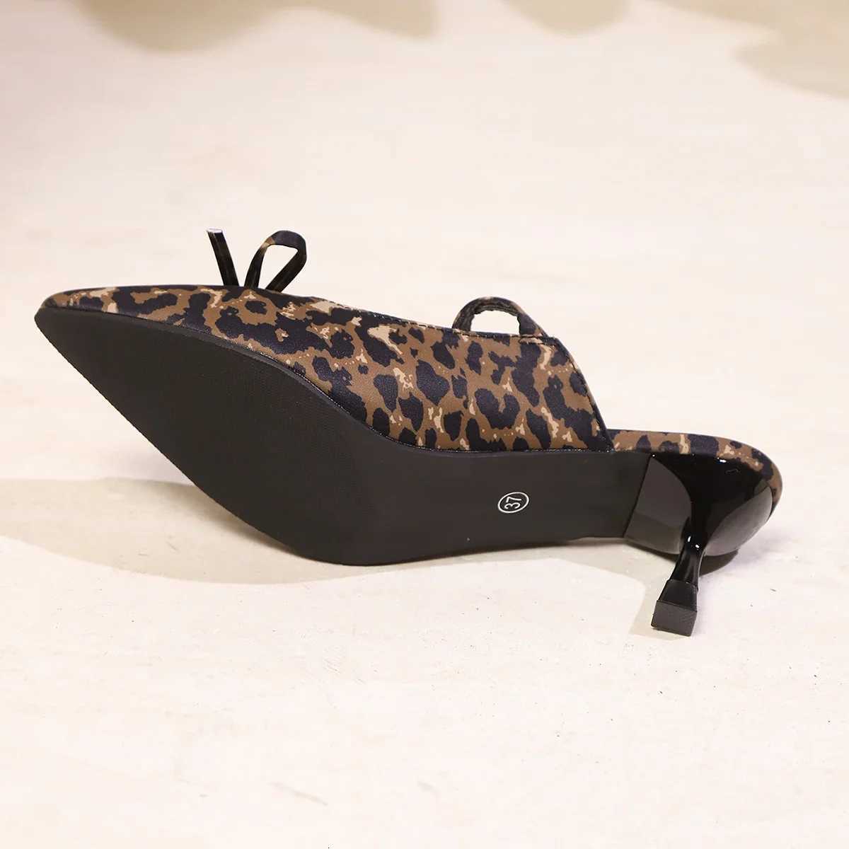 Elegant Leopard Mid Heels Bow Fashion Sandals Summer Pointed Toe Sexy Pumps Women Shoes Dress Designer Zapatillas K260311