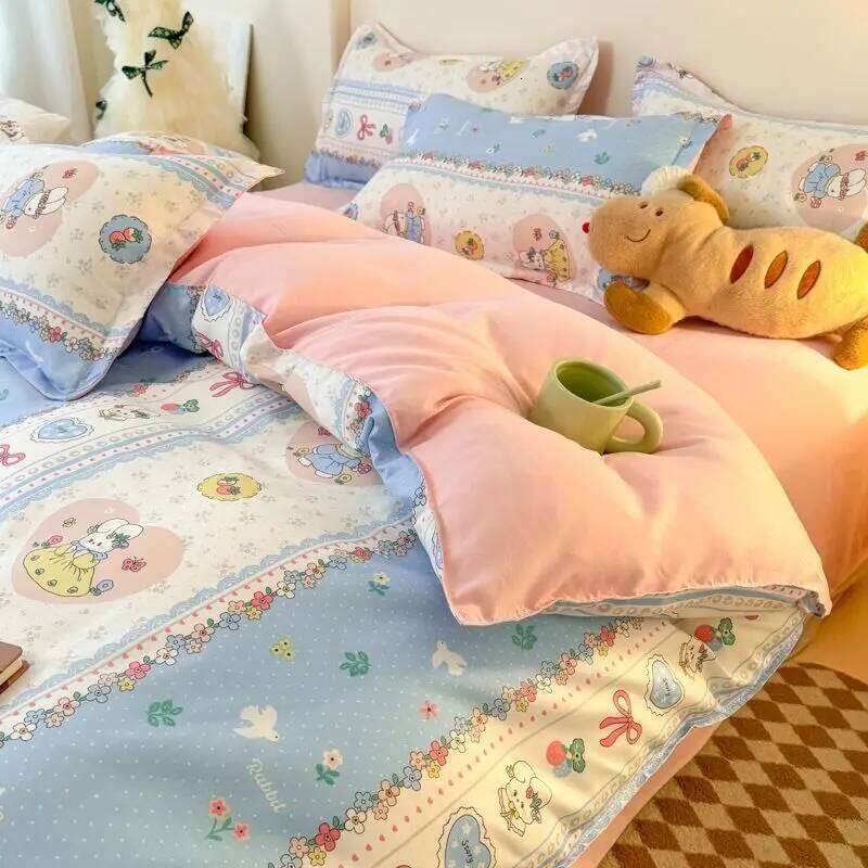 Cute Bear Bedding Set No Filler Full Queen Size Duvet Flat Sheet Pillowcase Kids Adults Fashion Soft Comforter Cover H260311