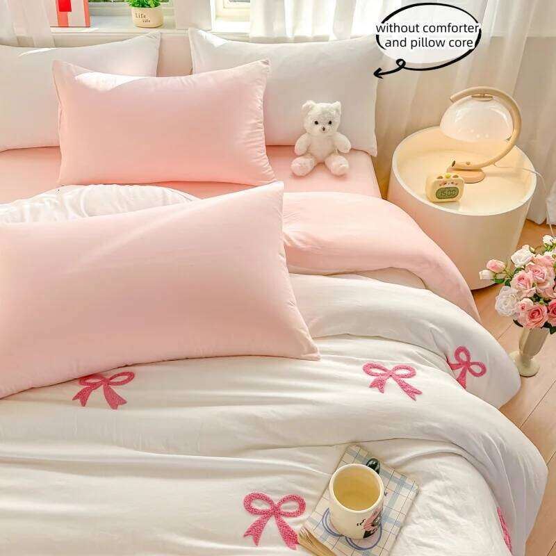 3 Piece Sheet Pink Bowknot Embroidery Duvet Cover Set, Comfortable Bedding Set Bedspread for All Seasons H260311