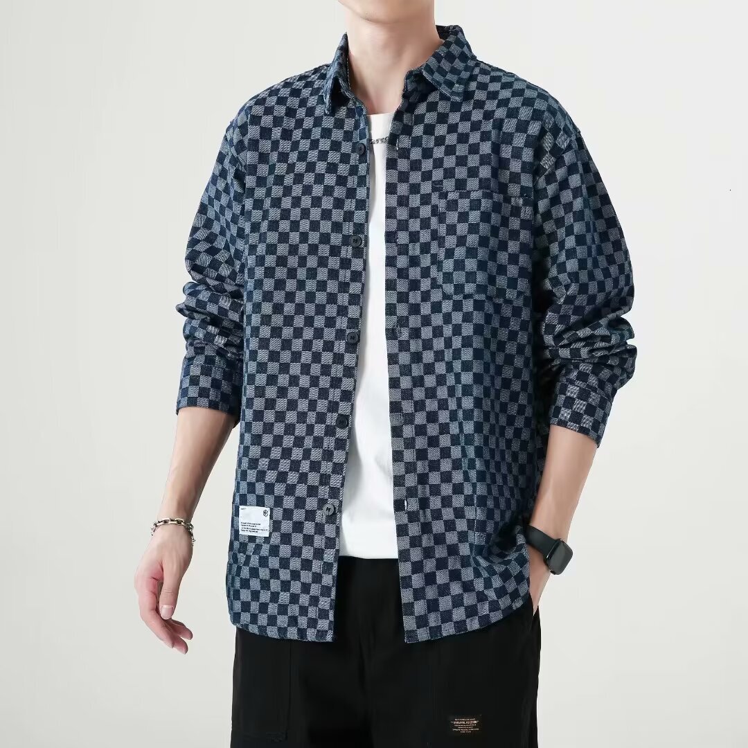 Luxury Brand Designer Clothes American Retro Plaid Denim Jacket For Men, Spring And Autumn Trendy Plus Size Loose Fit Stylish Workwear Shirt Jacket