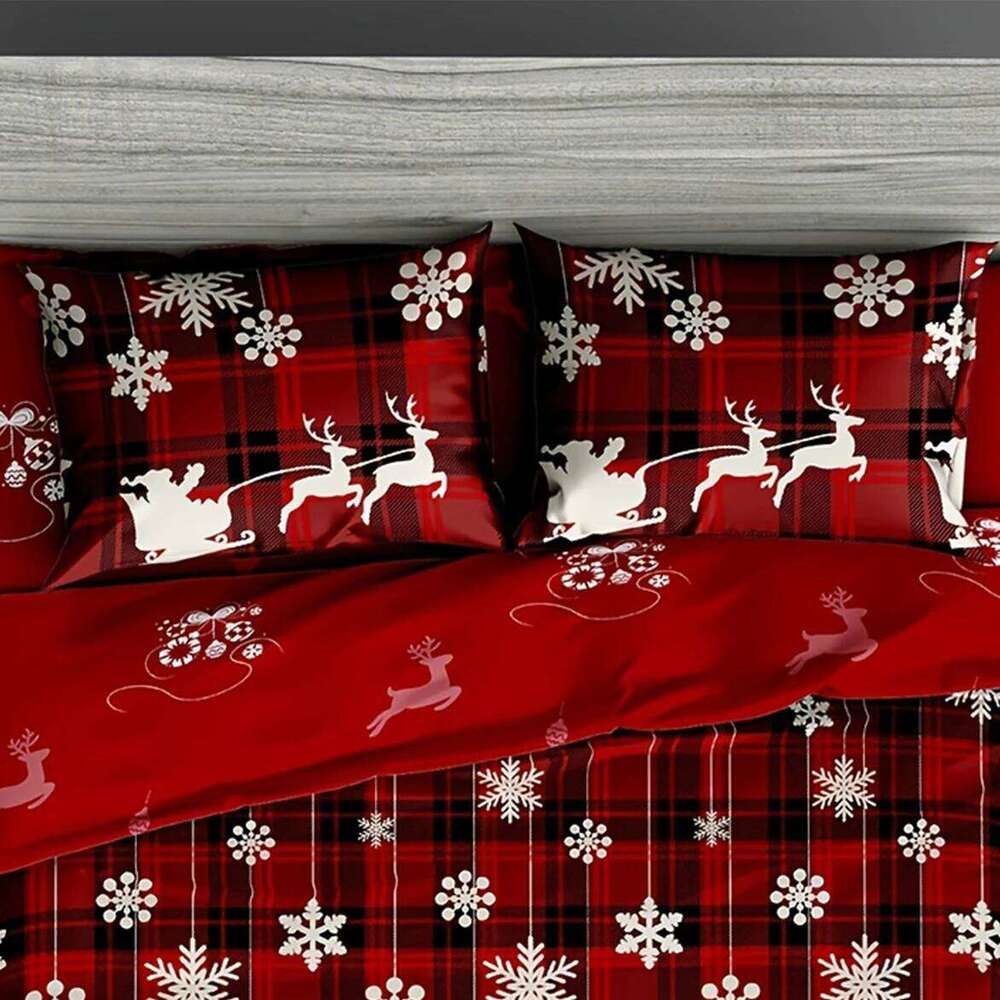 3-Piece Christmas-Themed Duvet Cover Set Soft, Breathable, and Hypoallergenic Fabric - Checkered Elk Snowflake Print Design, P H260311