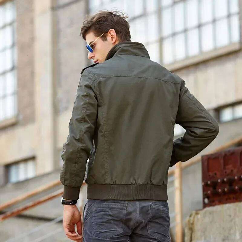 Men's Casual Pure Color Cotton Jacket Mens Thin Spring and Autumn Top Zipper Pocket Collar Stand-Up Large Size Fit Outerwear 26H0311