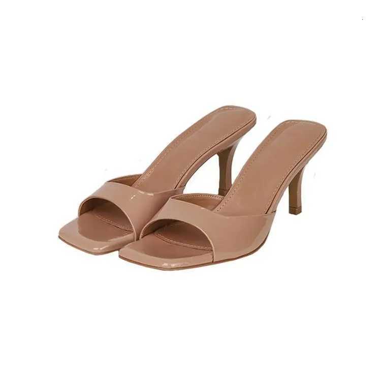 Lacquer leather high-heeled sandals for womens summer 2025 new British style square headed slim heeled womens slippers K260311