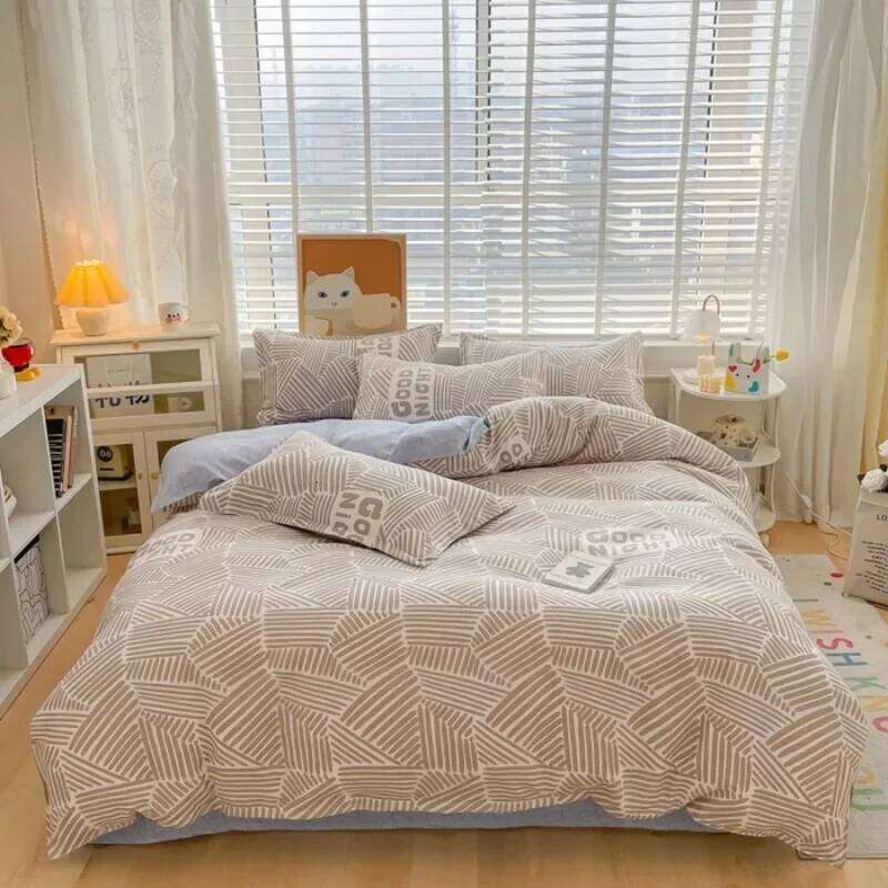 small fresh pure abraded four-piece set, skin-friendly bed sheet washed cotton quilt cover, dormitory three-piece set H260311