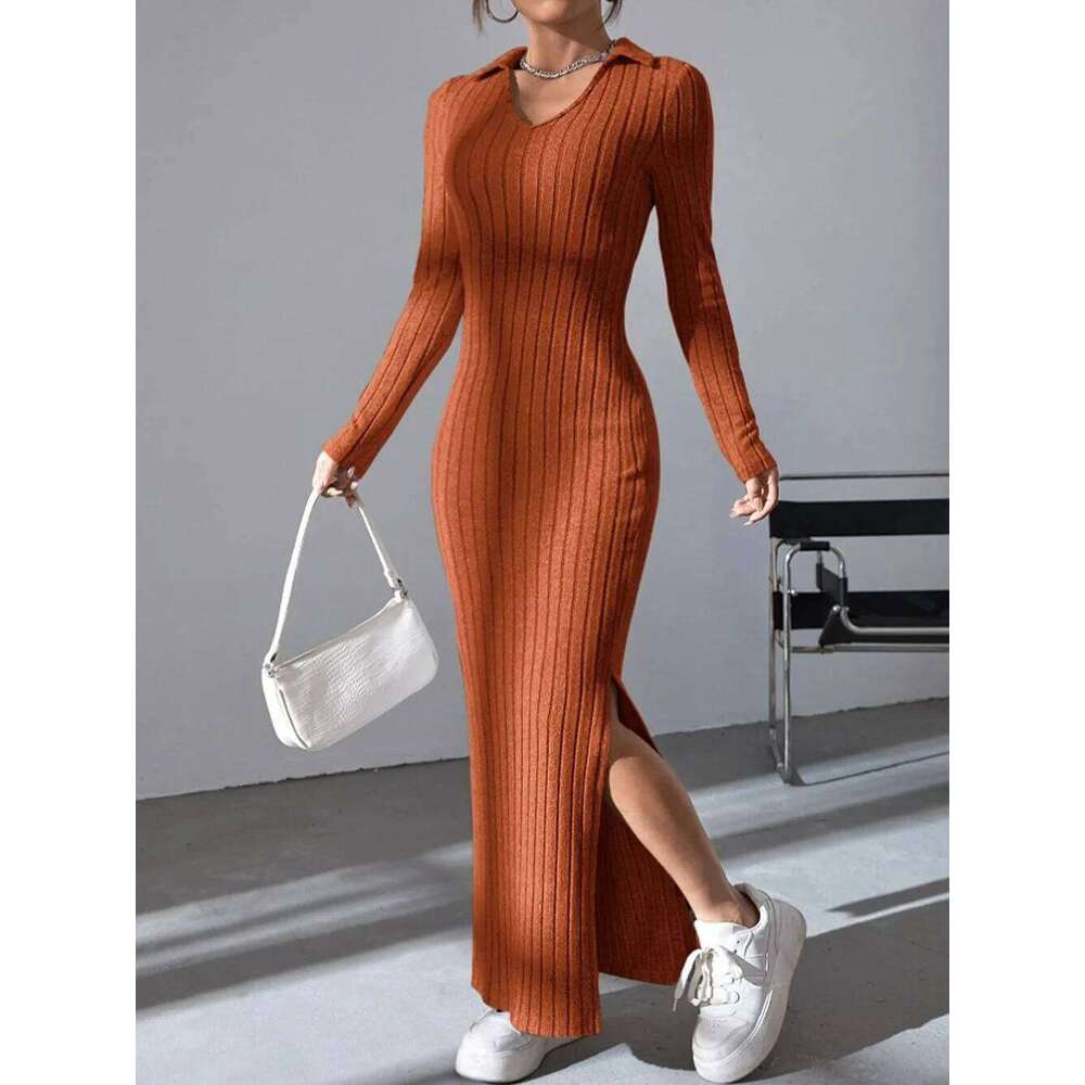Spring and summer 2024 new style knitted slim lapel long sleeve dress pit strip solid color tight skirt Z260311