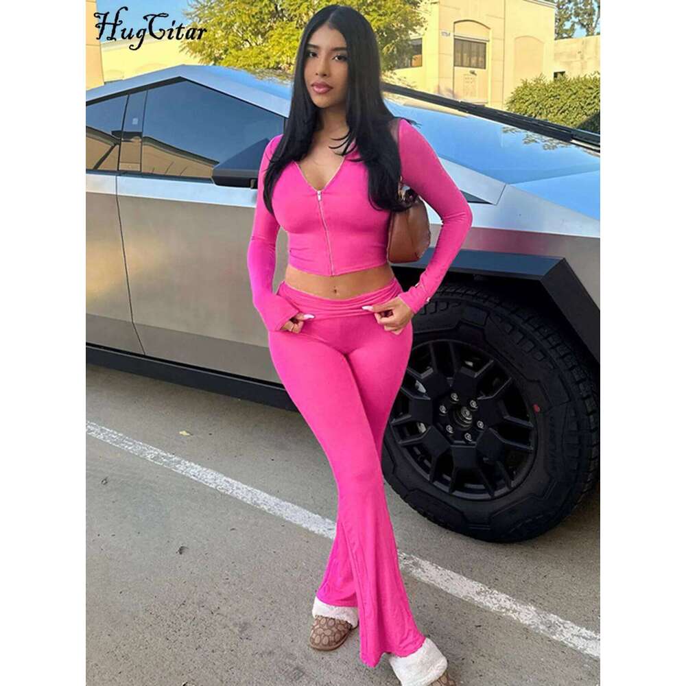 Hugcitar 2024 Casual 2 Pcs Sets Solid Hoodies Long Sleeve Zipper Crop Top Flare Pants Women Fashion Outfits Vacation Sport Gym 26H0311