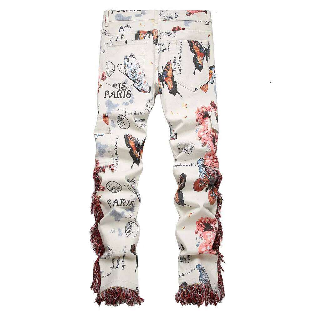 Men Butterfly Print Denim Jeans Flower Pattern White Stretch Cotton Slim Pants Tassels Multi Pockets Cargo Trousers Good Quality Z260225