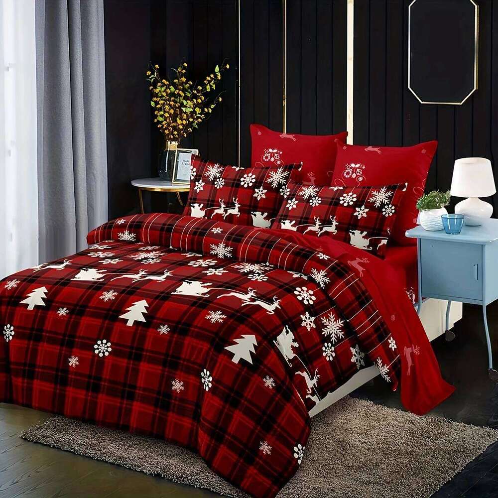 3-Piece Christmas-Themed Duvet Cover Set Soft, Breathable, and Hypoallergenic Fabric - Checkered Elk Snowflake Print Design, P H260311