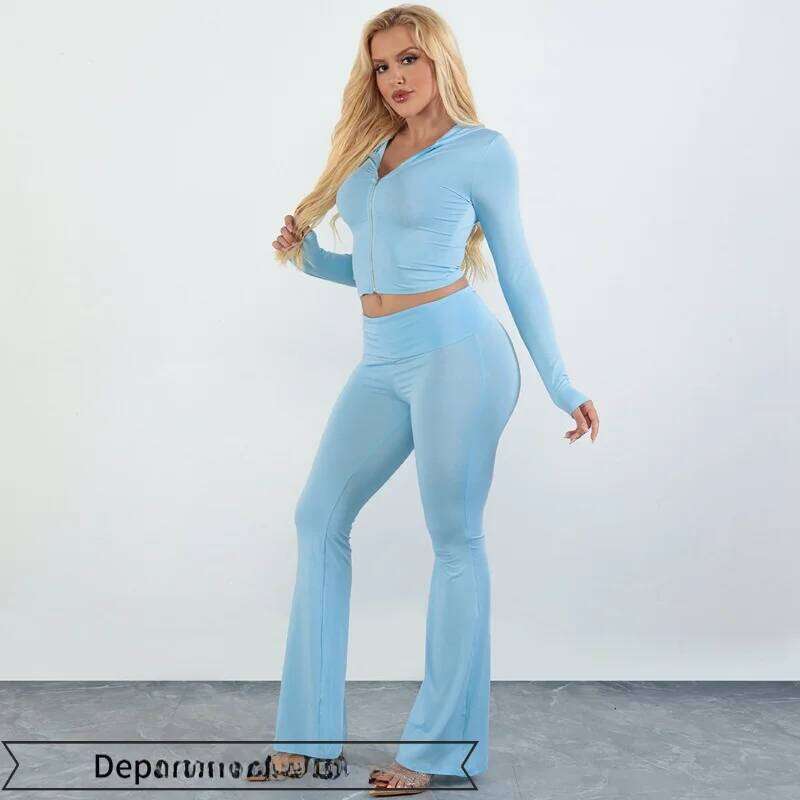 Sexydr Faionable Long Sve Hooded Top Flared Pants Zipper Closure Outfit Polyester Material Spring 2025 Collection 26H0311