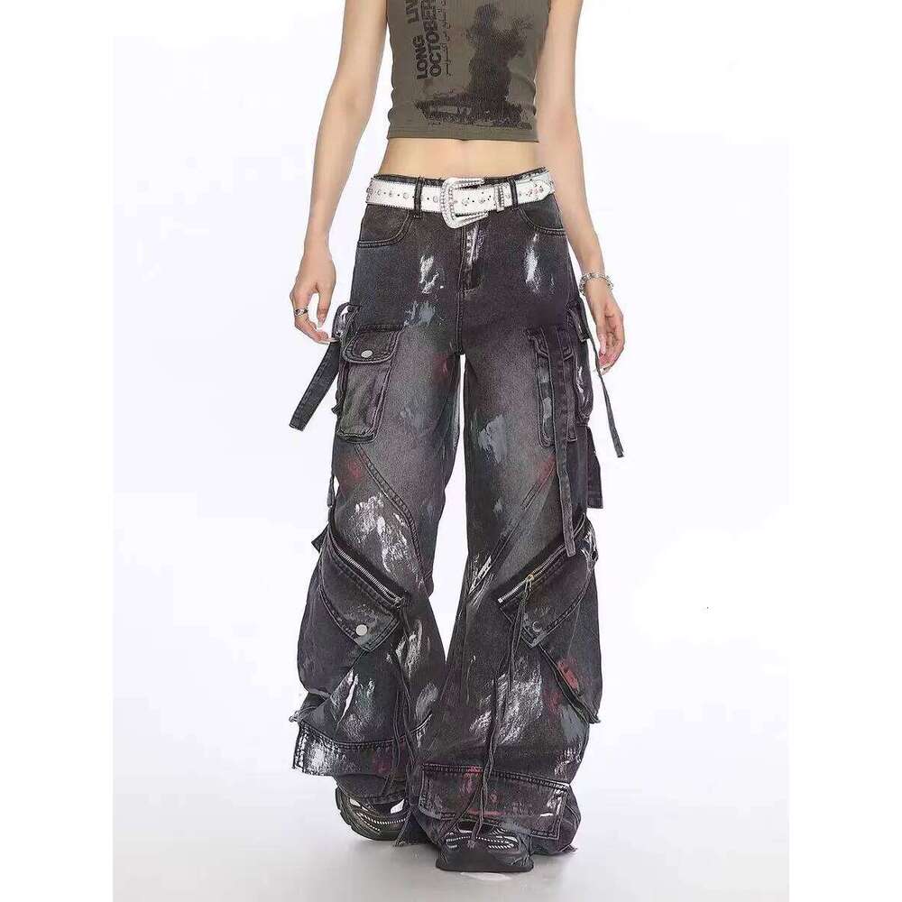 Gothic Multi-Pocket Washed Black Jeans 2000s Heavy Industry Drag Street Hip Hop Wide Leg Pants Z260225