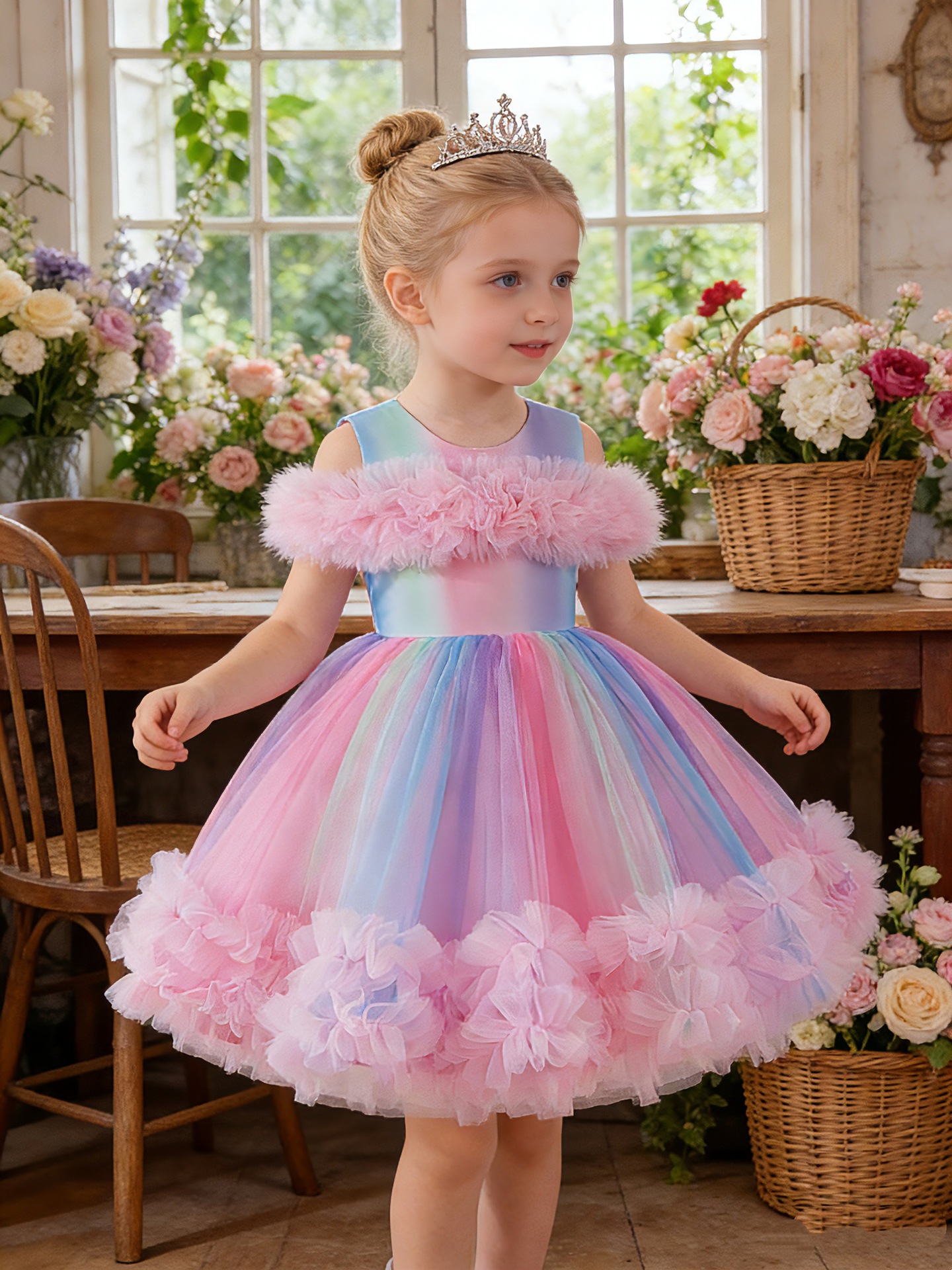 Girls Pastel Rainbow Tutu Dress Toddler Purple Ruffle Tulle Princess Dress Kids Birthday Party Pageant Gown Size 4-8Y