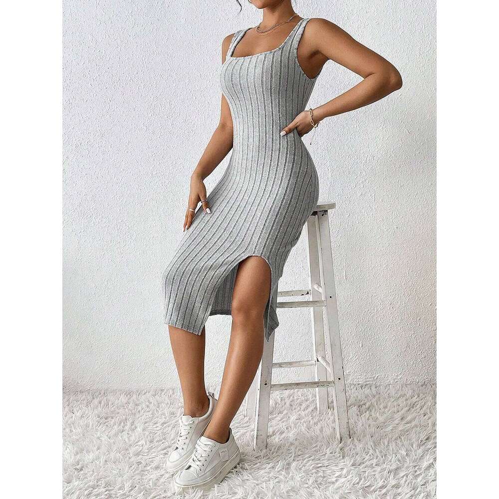 Women Summer Style Knitted Suspender Lady Sleeveless Square Collar Side Slit Skirt Dress Vestidos Z260311