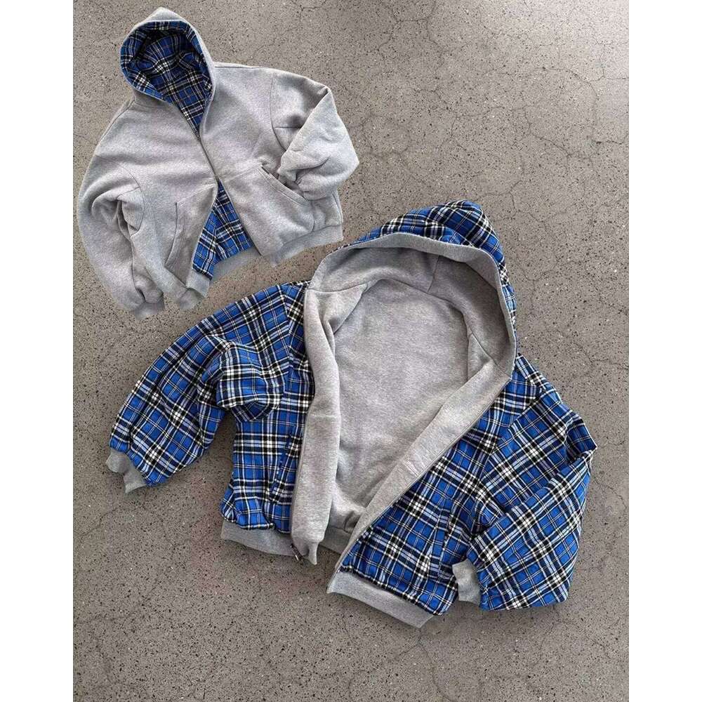 New Oversized Reversible Designer Clothing Cotton Hoodie with Plaid Lining Sweatshirt Streetwear 26H0311