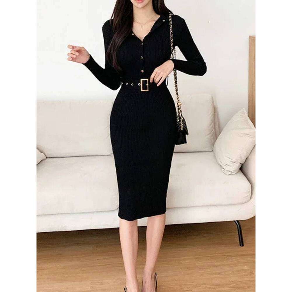 New Spring Autumn Knit Elegant Sexy Single Breasted Stand Collar Long Sleeve Bodycon Dress Solid Color Stretch Tight Slim Dresss Z260311