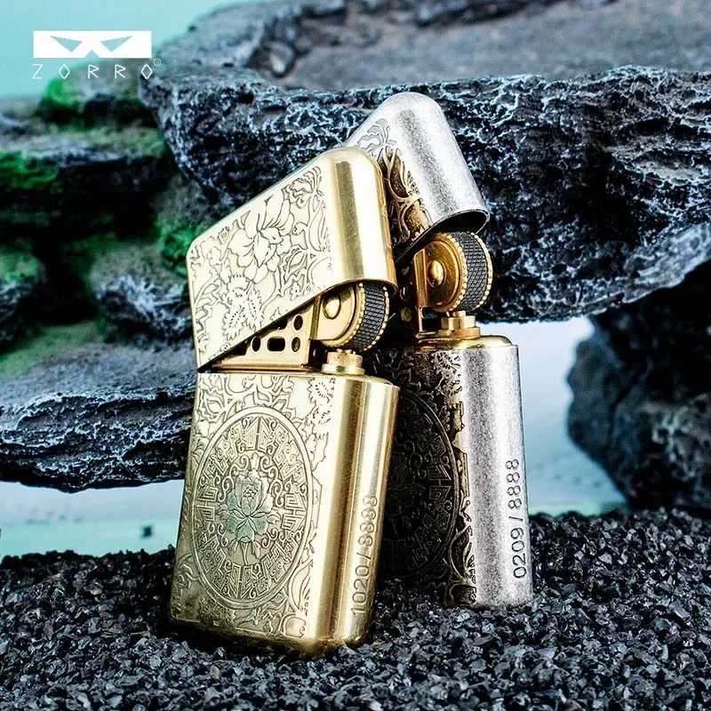 Brass Double sided Hand carved Windproof Kerosene Lighter Personalized Retro Collection Wheel ignition Lighters Smoking N260311