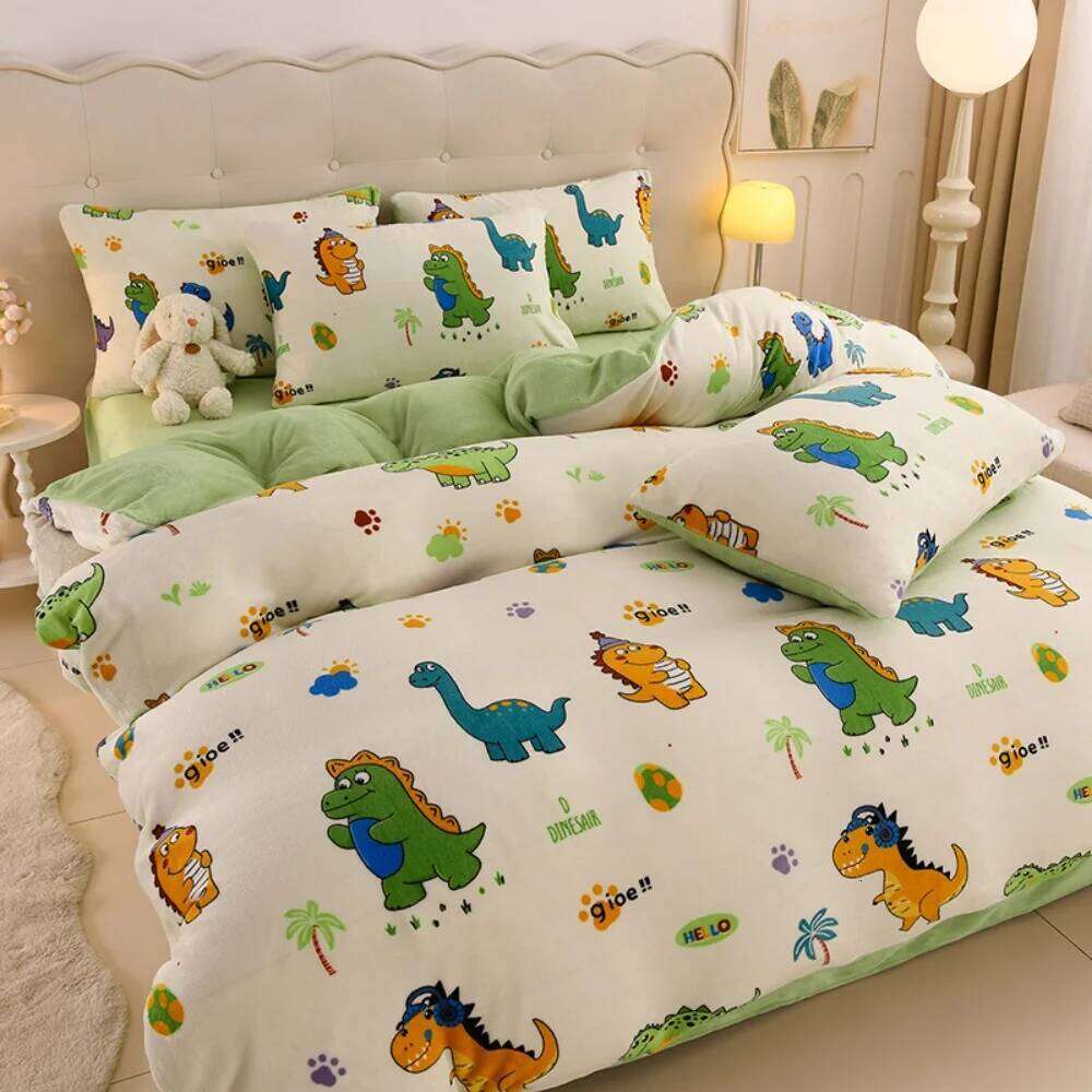 Cartoon Print Milk Velvet Soft Four-Piece Thickened Winter Warm Duvet Quilt Cover Bed Sheet Pillowcase Bedding Set H260311