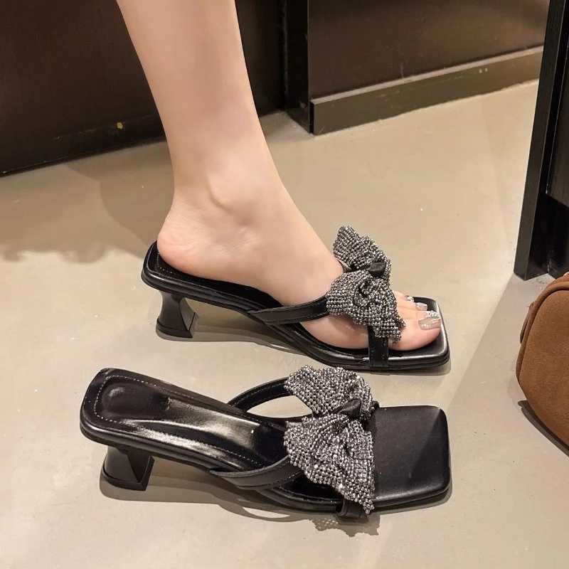 Bling Bow High Heels Women Sandals Square Toe Slippers Woman Shoes Summer 2025 New Chunky Shoes Flip Flops Sexy Pumps K260311