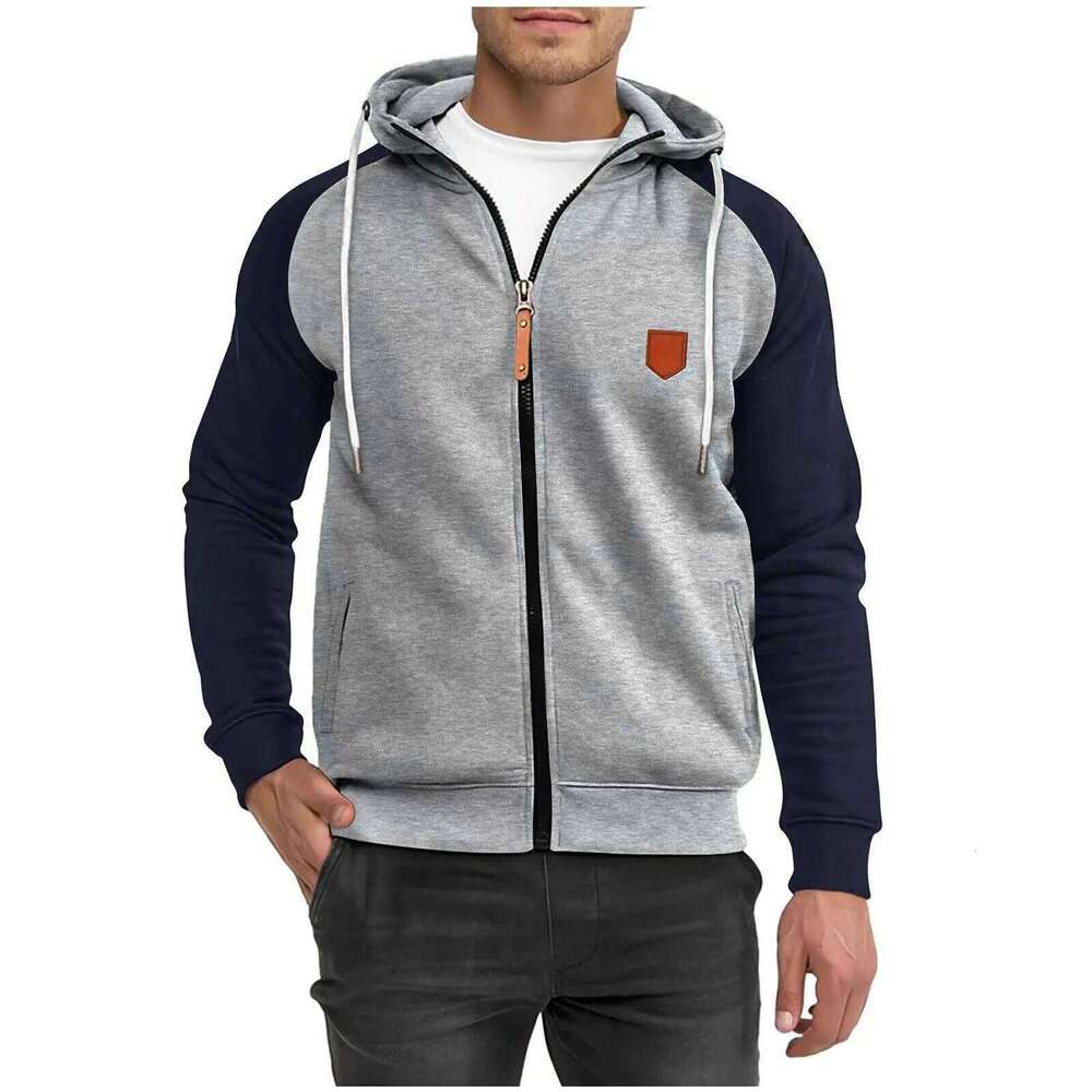Men's color matching sports fleece cardigan cotton blend, men's sweater casual breathable hooded jacket 26H0311
