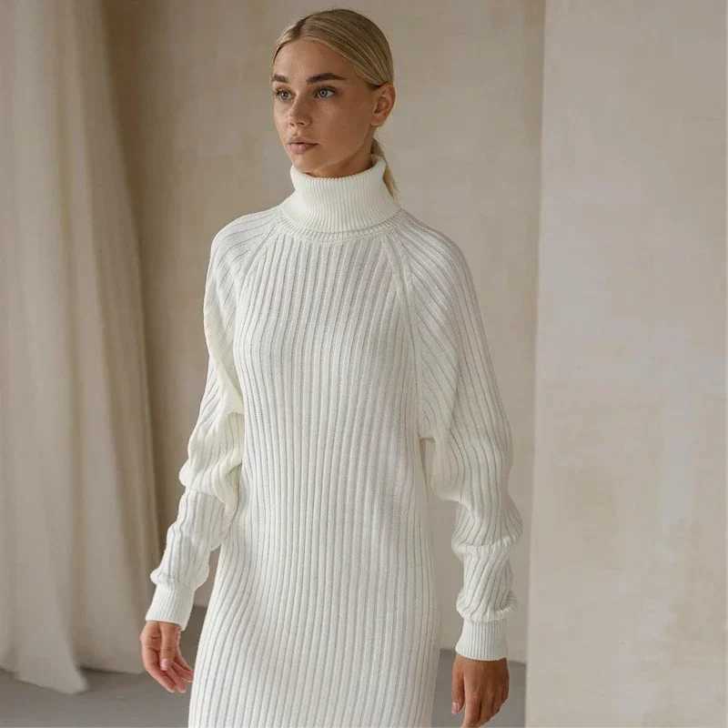 White Turtleneck Knitted Dresses Woman Winter Autumn Oversized Sweater Dress Fashion Long Sleeve Mini Dress Casual Knitwear M260311