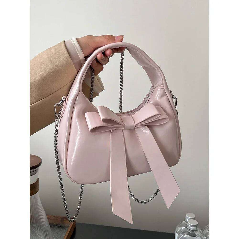 Cute Bows Handbag for Women Solid Pu Leather Small Commute Handle Bags Lady Casual All-matched Chain Shoulder Pack Party Purse XJ260311