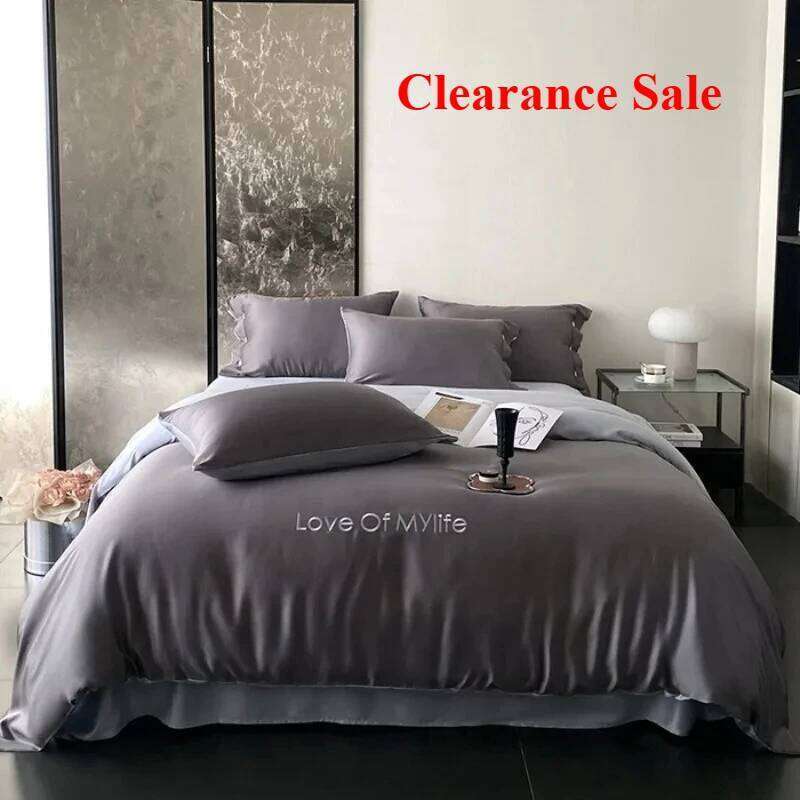 New craft ice silk printing embroidery fashionable solid color double-parcel four-piece set of sheets and bed hats H260311