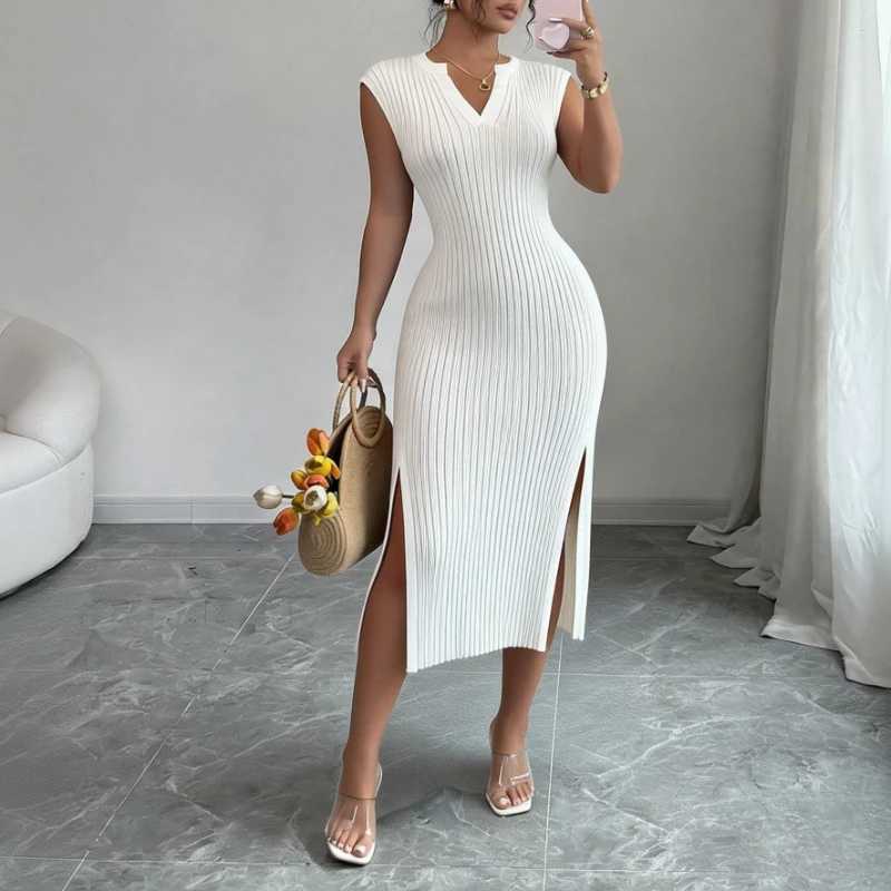 Womens White V-Neck Sleeveless Elastic Sundress Knit Bodycon Maxi Dress Solid Side Slit Casual Summer Daily Party Long Dress M260311
