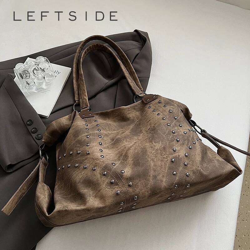 LEFTSIDE Rivets Large Capacity PU Leather Shoulder Bag for Women 2025 Winter Luxury Lady Punk Style Designer Tote Bags Handbags XJ260311