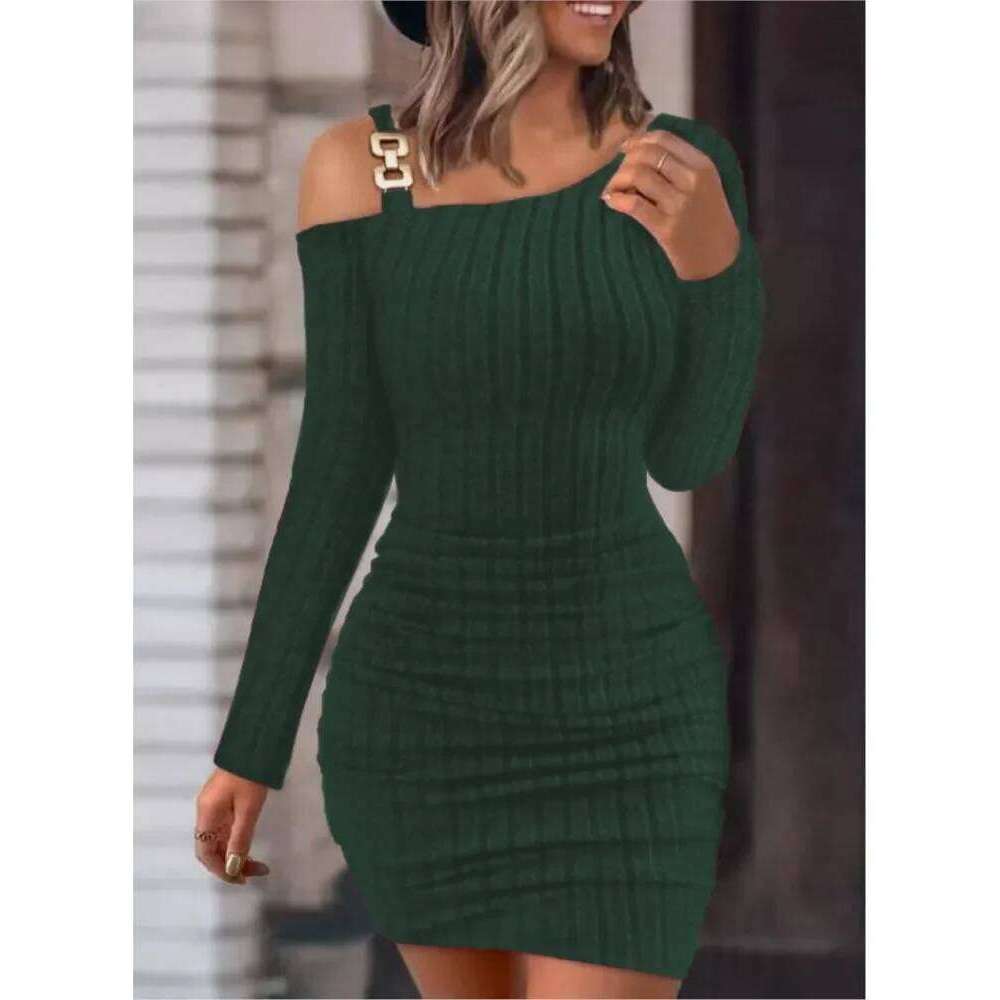 Autumn Winter New Solid Button Oblique Off Shoulder Tight Wrap Hip Slim Sexy Long Sleeve Mini Dress Women Clothing Z260311