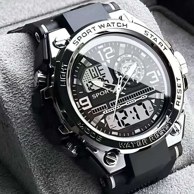 Men's and Women's Dual Display Racing Watch: Large Dial++Alarm Clock+Double Calendar+Stopwatch Function, Fearless of Dark Lighting Environme