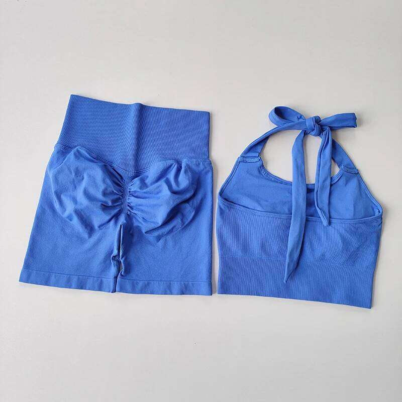Peach Hip Lifting Neck Hanging Sports Shockproof Gathering Bra Quick Drying Short Set Gym Fitness Running Yoga Suit 26H0311