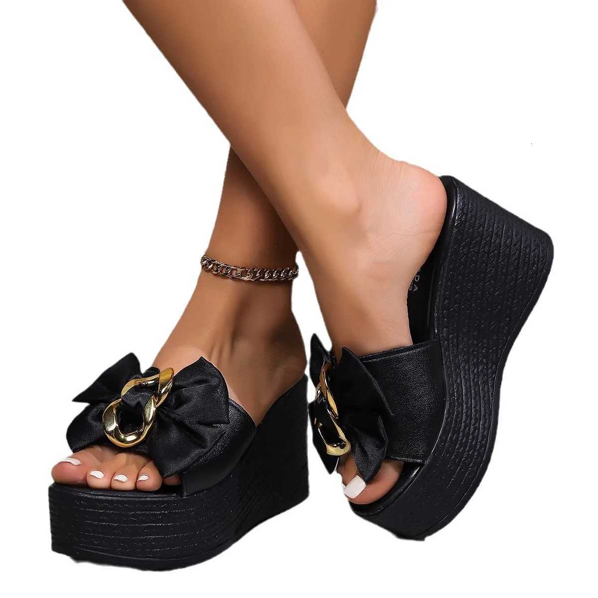 Womens platform sandals bow-adorned stylish chain-decorated wedge sandals womens platform summer slippers K260311