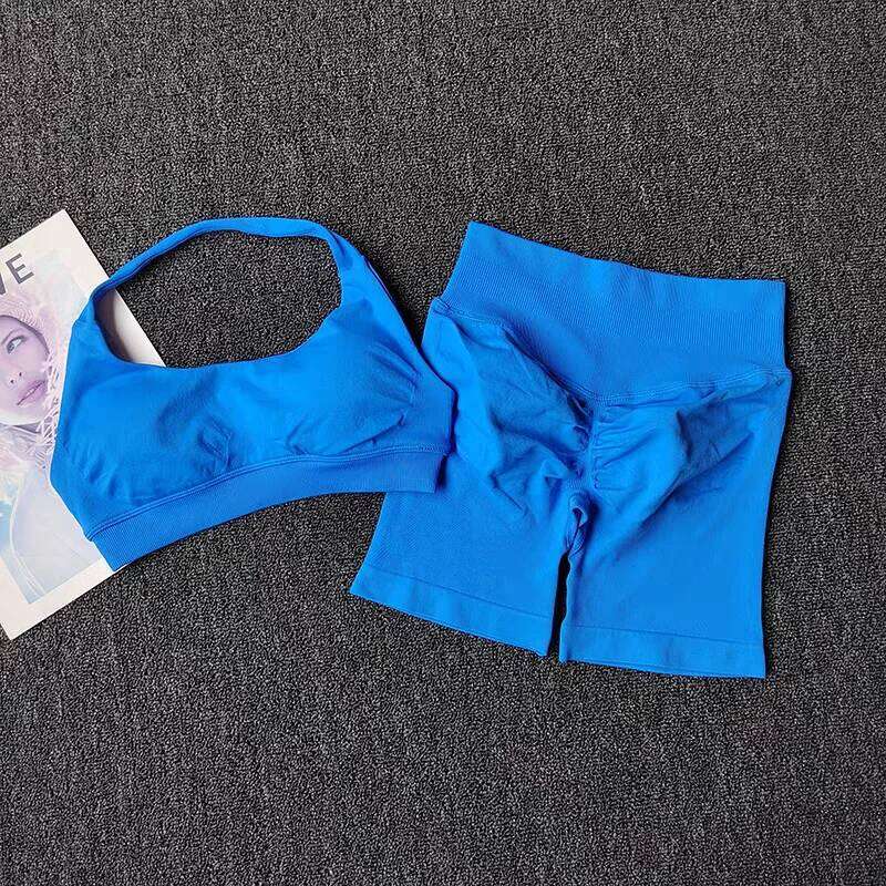 2 Pieces Yoga Suit for Women Seamless Fitness Clothes Halter Sports Bra Matching Impact Shorts Workout Sets Gym Set Outfit 26H0311