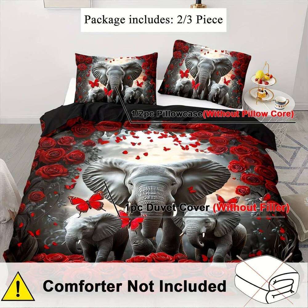2/3pcs Elephant Bedding Red Rose Duvet Set Butterfly Quilt Cover Bedroom Decor Guest Room 2D Animal Flat Print H260311