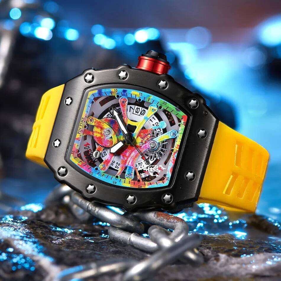 Luxury Watch Wrist Tonneau Multifunction Graffiti Dial Auto Date Waterproof Sports Casual Clock Men Quartz Watches