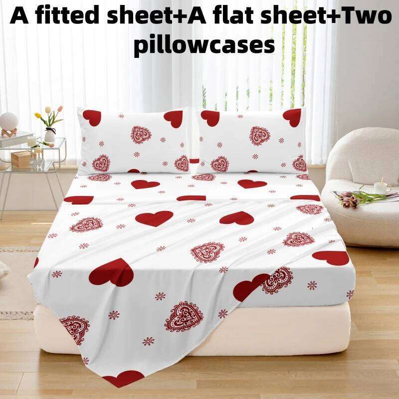 4pcs heart symbol brushed Fitted sheet+flat sheet+pillowcase set skin friendly breathable Queen Size Flat bed sheet Pillowcases H260311