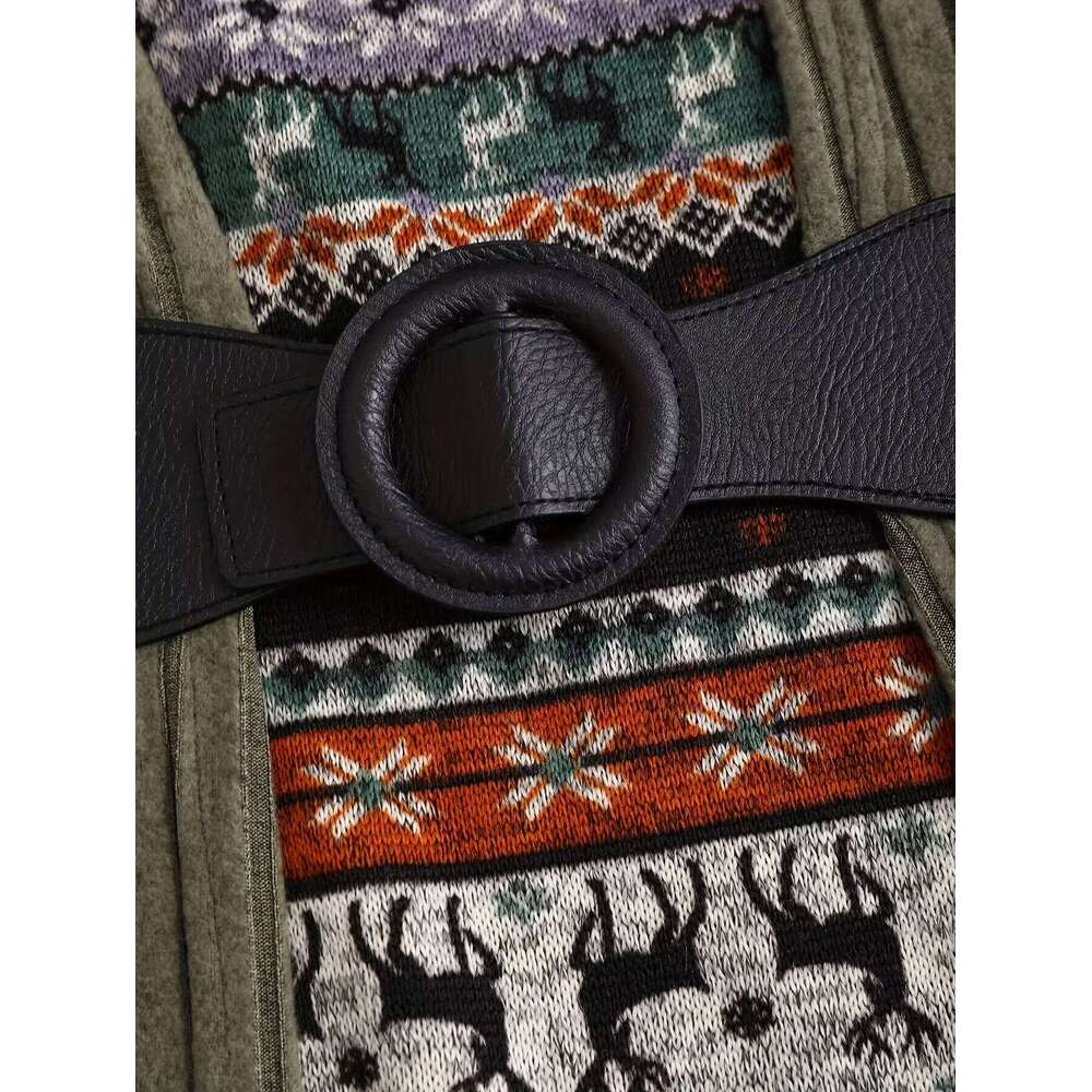 European American fashion women's snowflake and Christmas elk printed stitching buckle rib knit dress Z260311